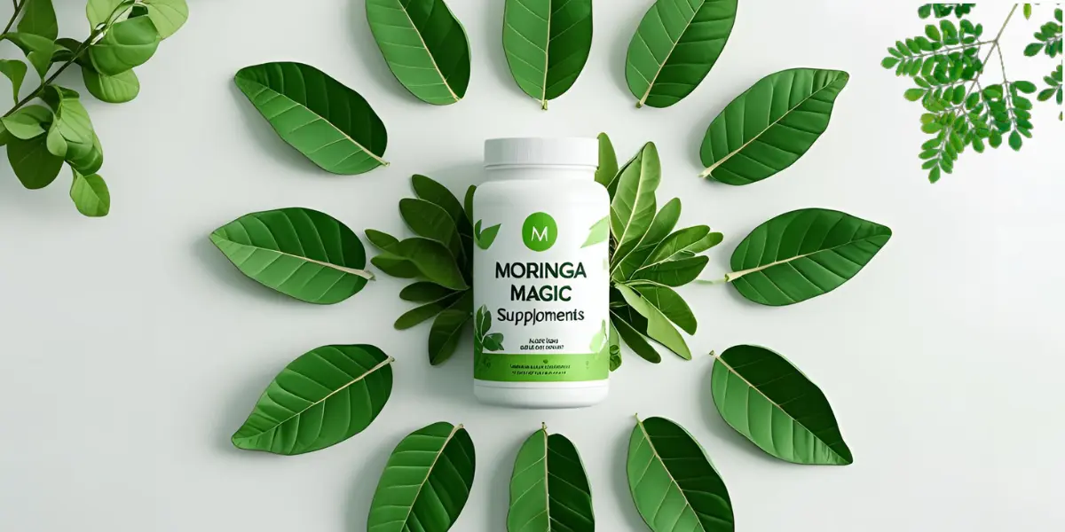 Infographic showcasing the top 8 health benefits of Moringa Magic Supplements, featuring icons for immunity, heart health, energy, skin, digestion, weight management, antioxidants, and blood sugar balance, all centered around Moringa.