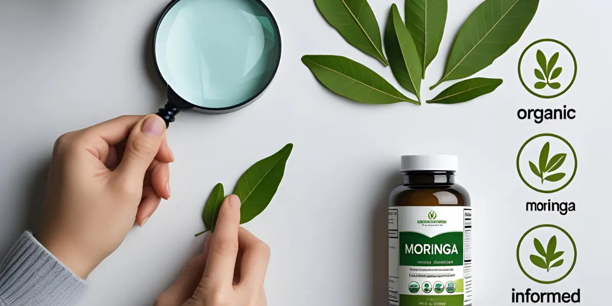 Person carefully choosing a high-quality Moringa Magic Supplement by checking its label and certifications.