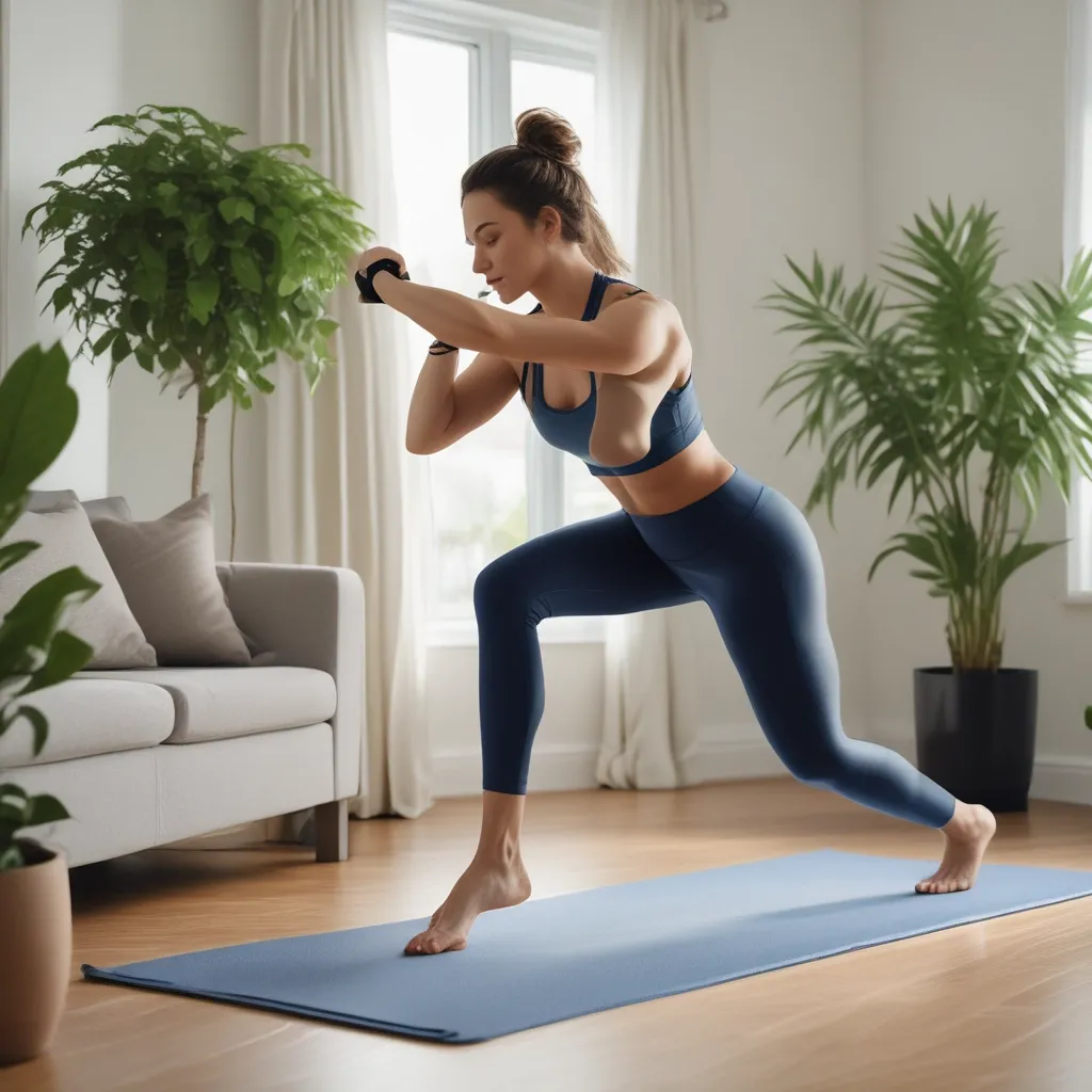 Woman exercising in a living room as part of a home-based weight loss program
