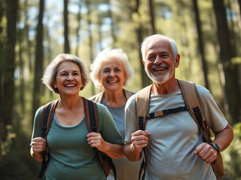 Happy seniors hiking outdoors with energy and vitality