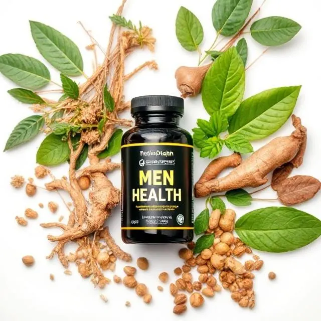 EndoPeak bottle surrounded by natural ingredients used in the best vitality supplement for men
