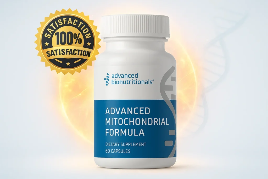 Best Mitochondrial Support Supplement - Advanced Bionutritionals bottle with 100% satisfaction guarantee badge