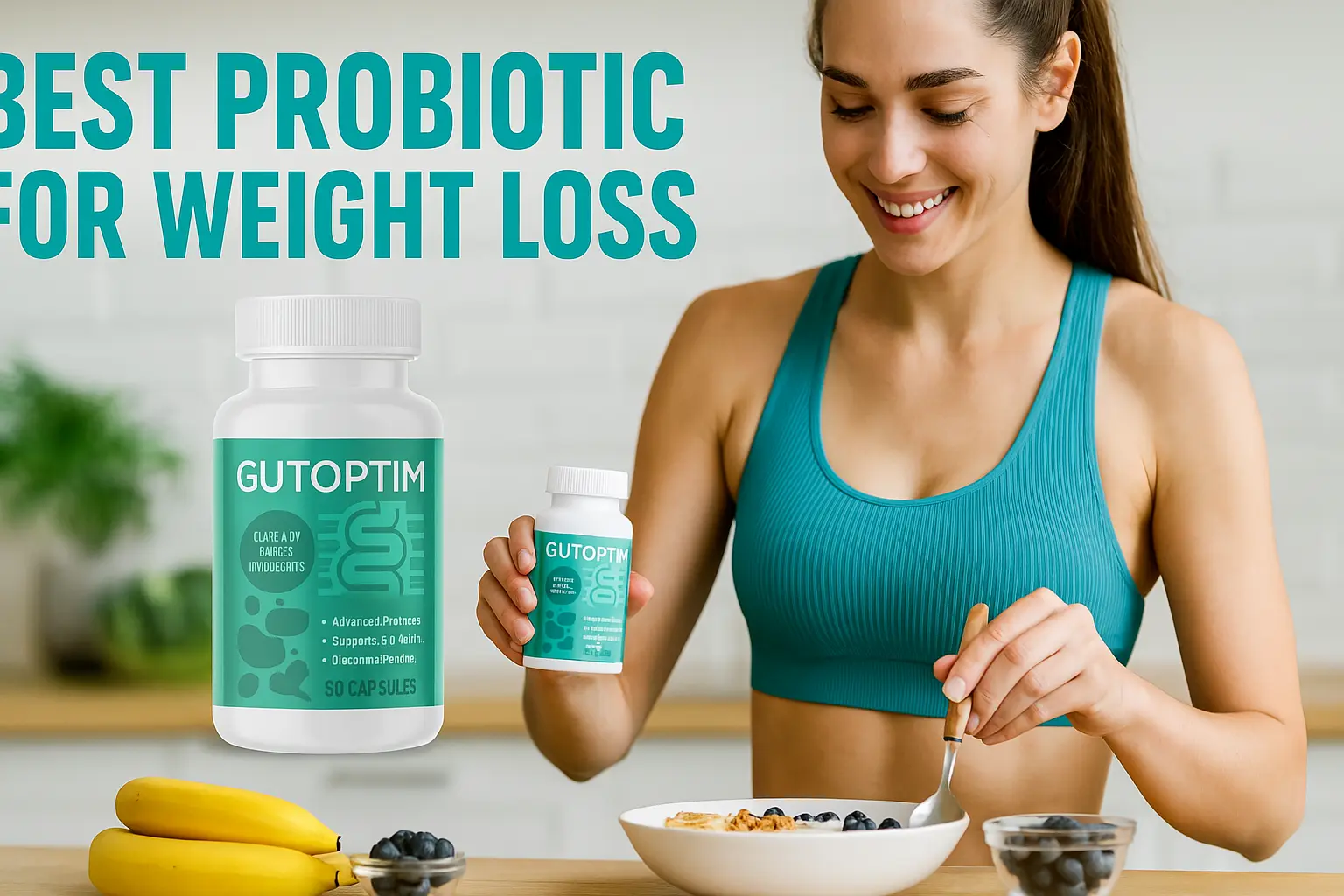 Fit woman holding GutOptim bottle while preparing a healthy breakfast – Best probiotic for weight loss