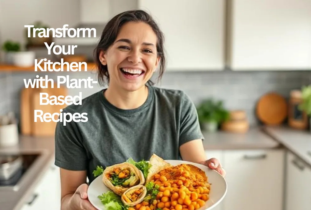 Happy cook holding a plate of plant-based meal from Best Plant-Based Cookbook