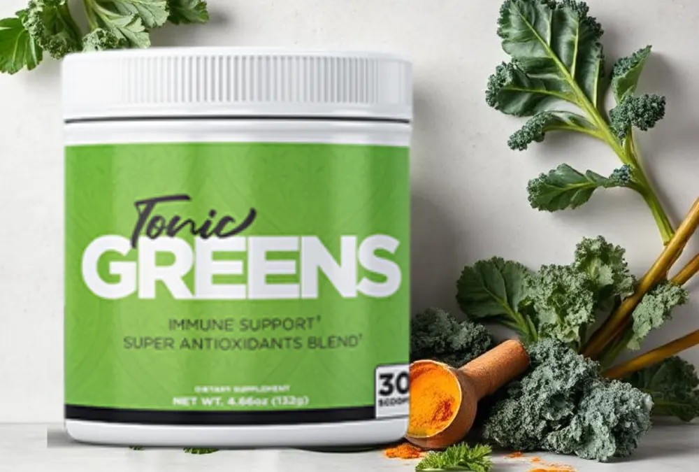 Tonic Greens bottle on a minimal background, showcasing its natural superfood ingredients like kale, spirulina, and turmeric, featured in this tonic greens review