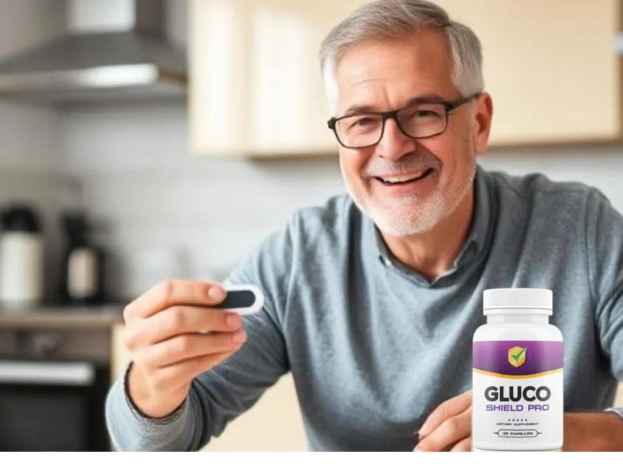 Happy middle-aged man checking blood sugar after using the best blood sugar supplement