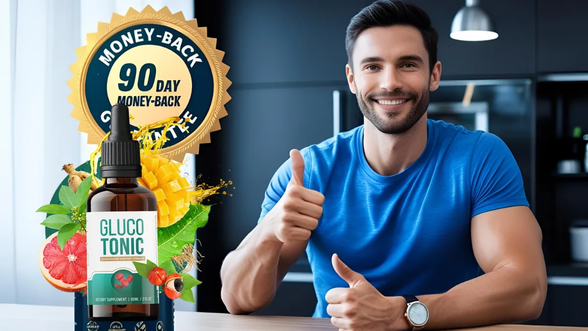 GlucoTonic bottle with 90-day money-back guarantee badge and happy customer