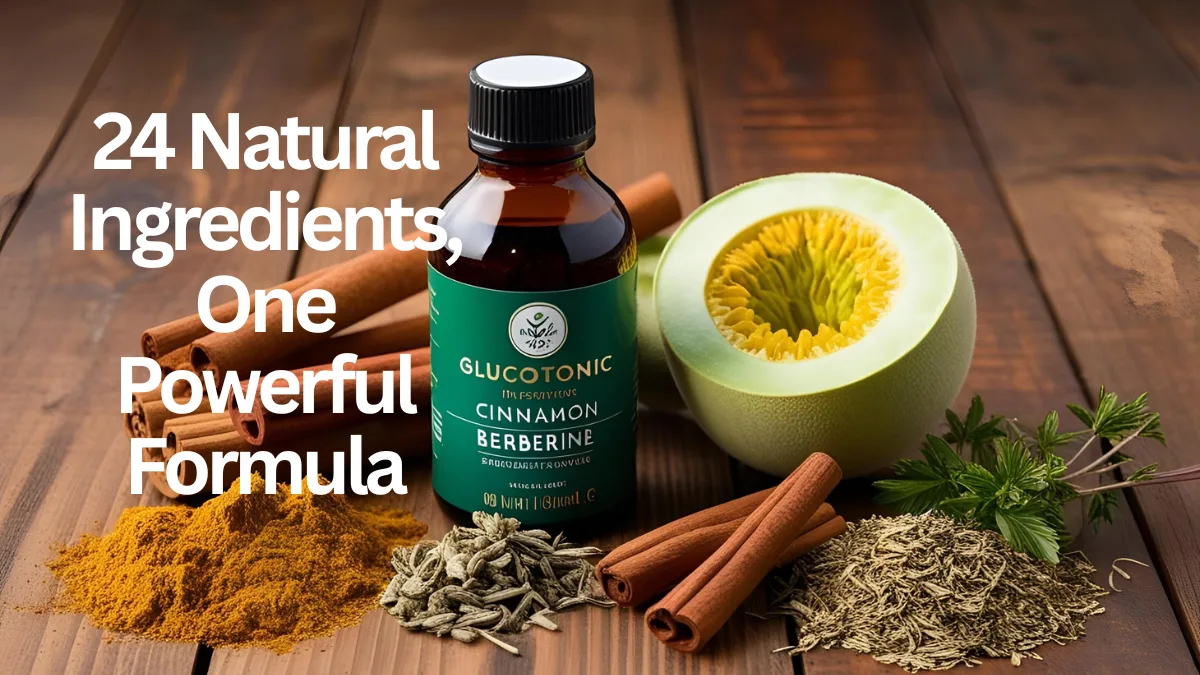 Natural ingredients of GlucoTonic on display with supplement bottle