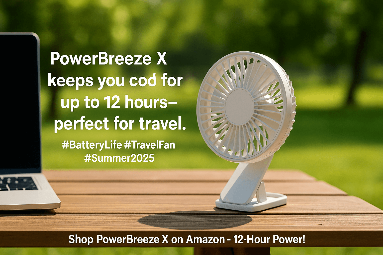 PowerBreeze X USB desk fan on outdoor table
