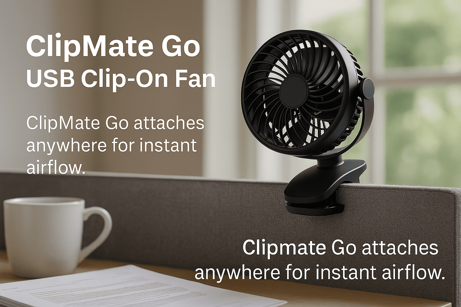 ClipMate Go USB fan clipped on cubicle