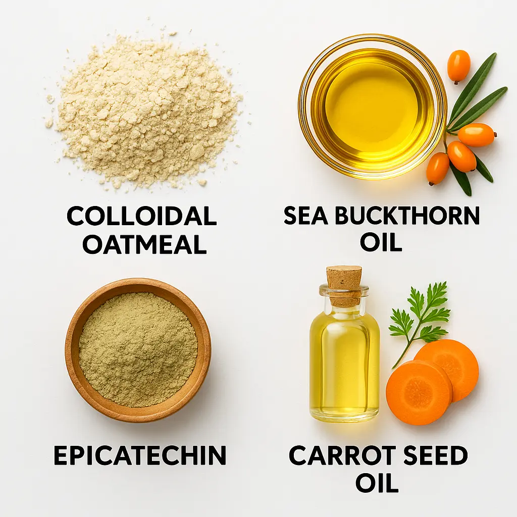 Flat-lay of ReviTag’s four natural ingredients—colloidal oatmeal, sea buckthorn oil, epicatechin, and carrot seed oil—each labeled against a white background.”