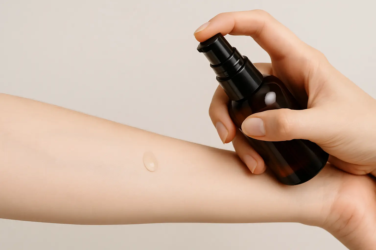Hand holding an amber pump bottle applying a droplet of serum onto the inner forearm