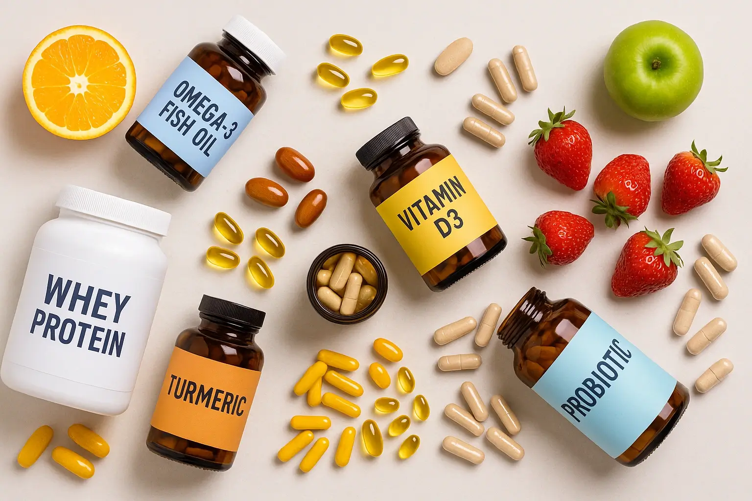 Top health supplements and fresh fruits flat-lay