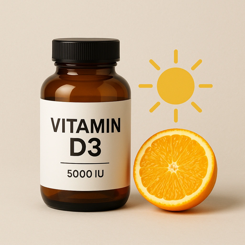 Vitamin D3 supplement bottle with sun icon and orange