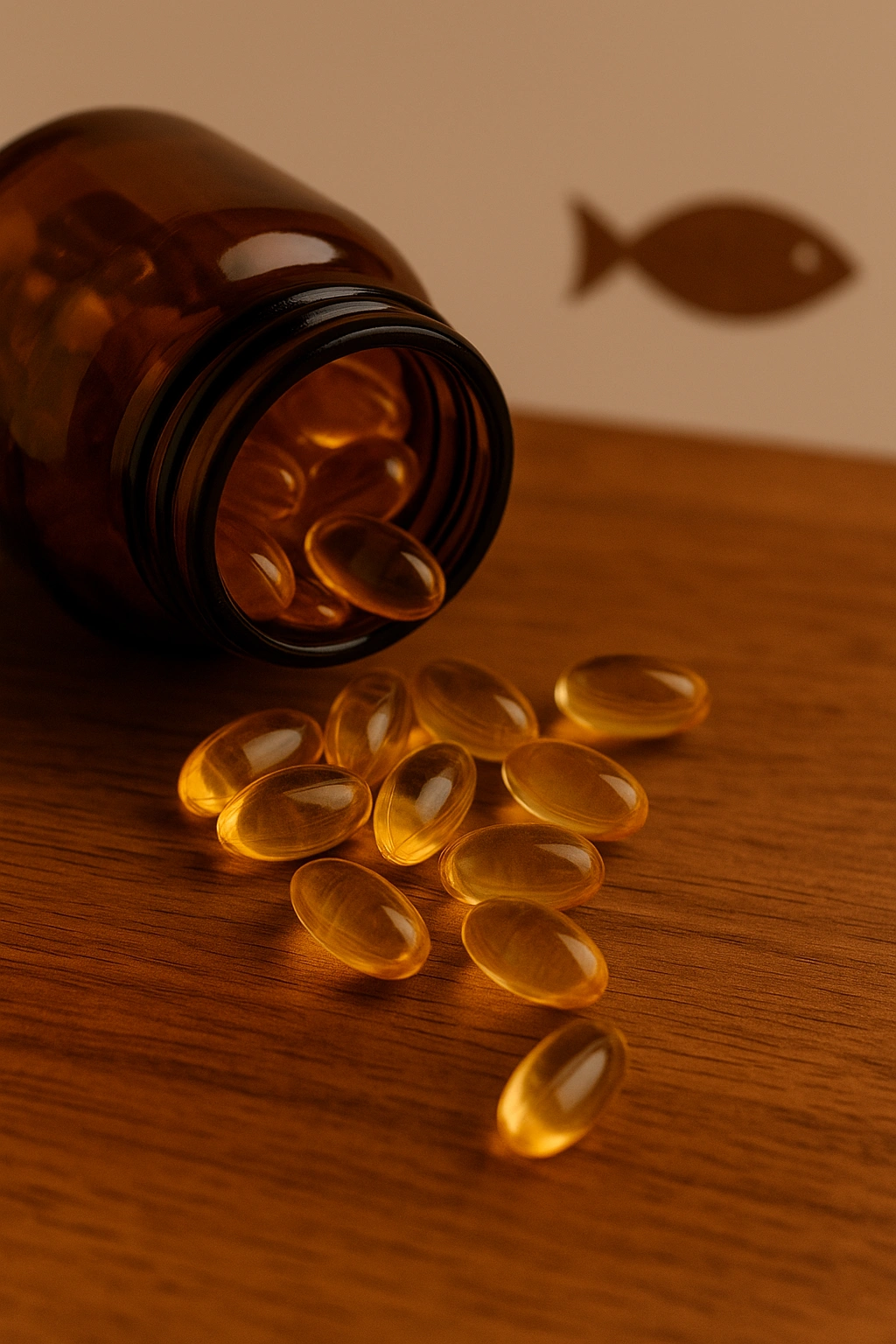 Omega-3 fish oil softgels spilling from glass jar