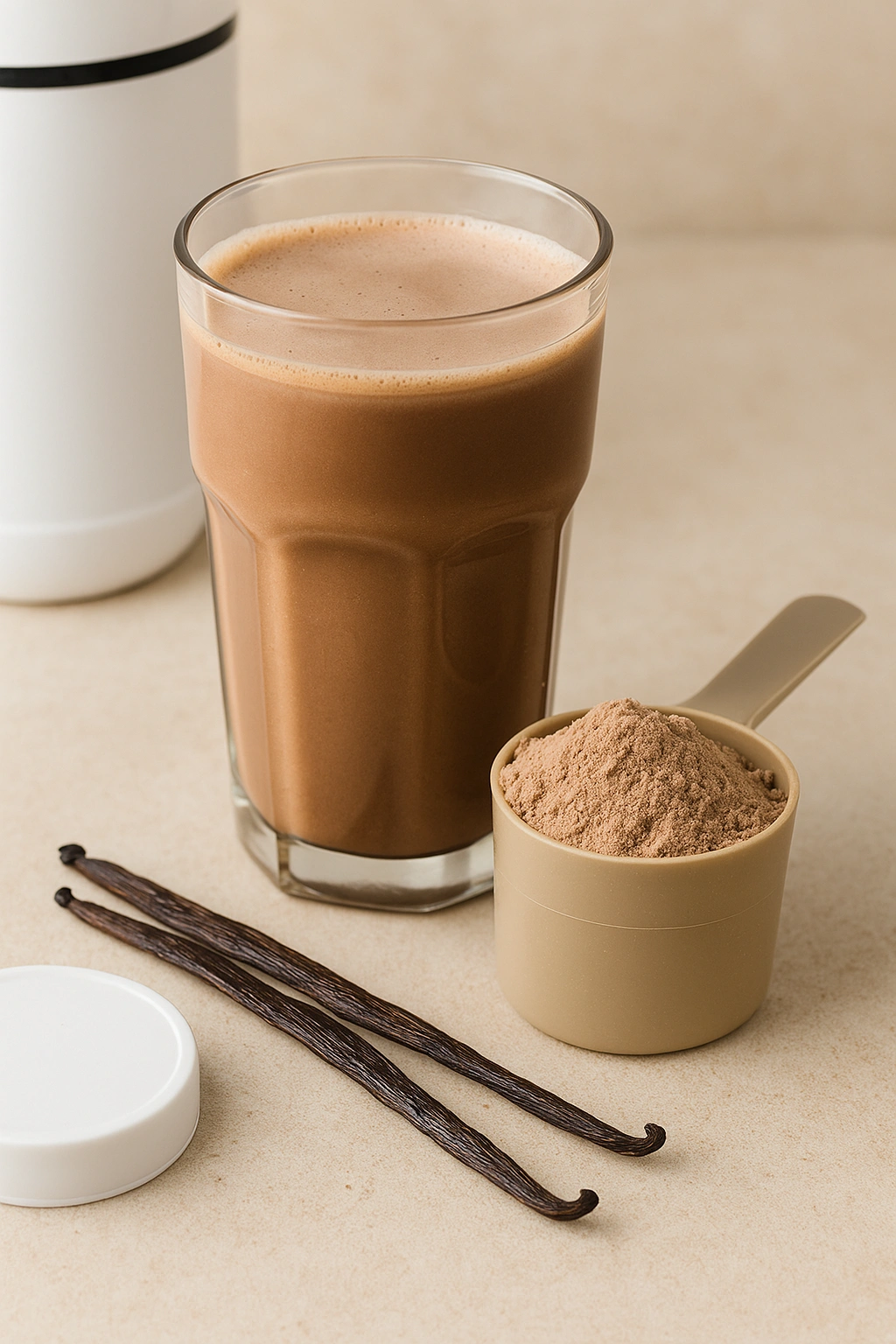Chocolate whey protein shake in glass