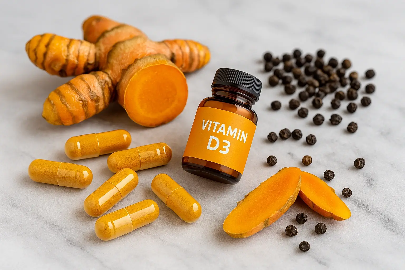 Turmeric root and capsules with black peppercorns