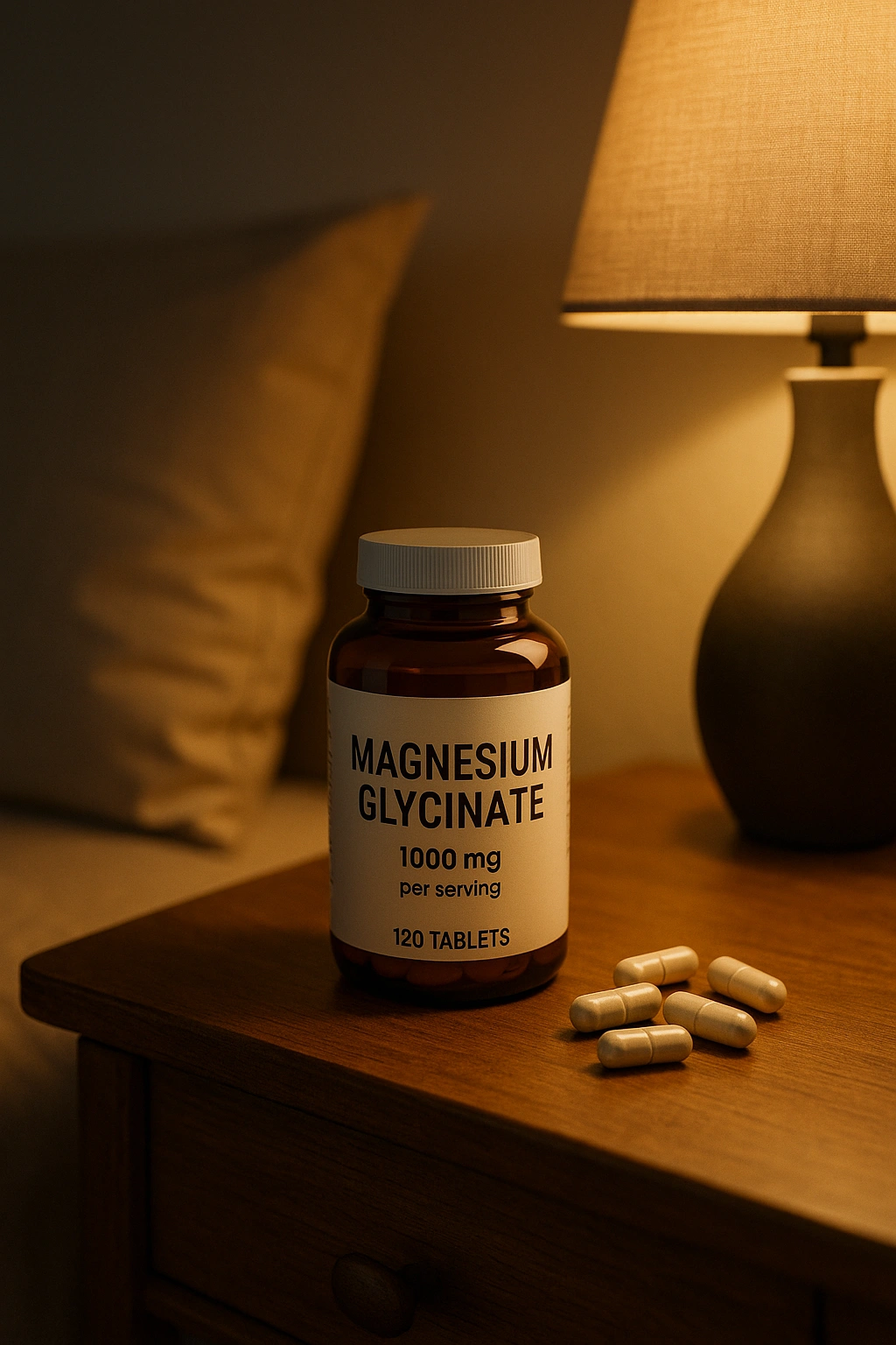 Magnesium glycinate tablets on nightstand