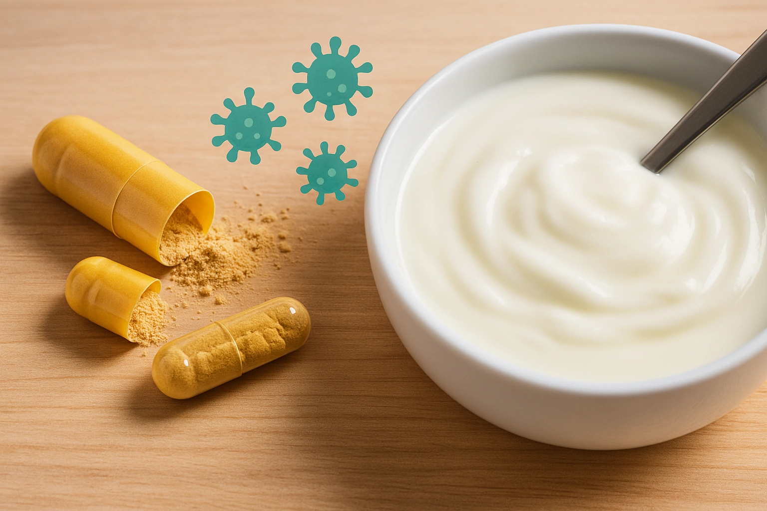 Best Health Supplements -Probiotic capsule and yogurt bowl