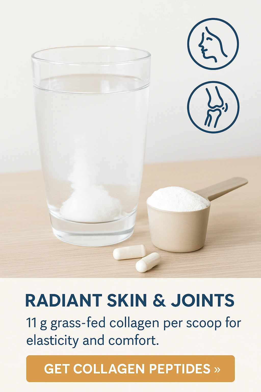 Collagen peptides dissolving in water with skin & joint icons
