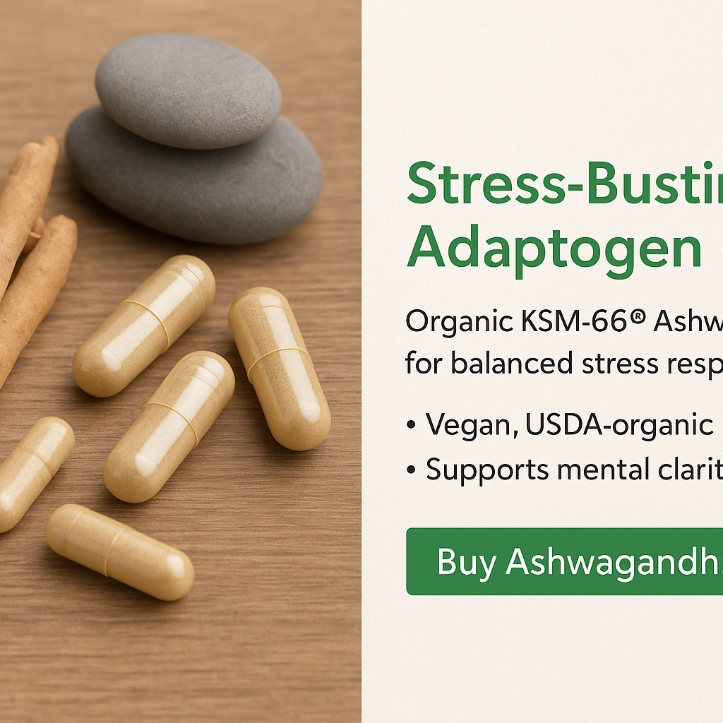 Ashwagandha capsules with zen stones on wood