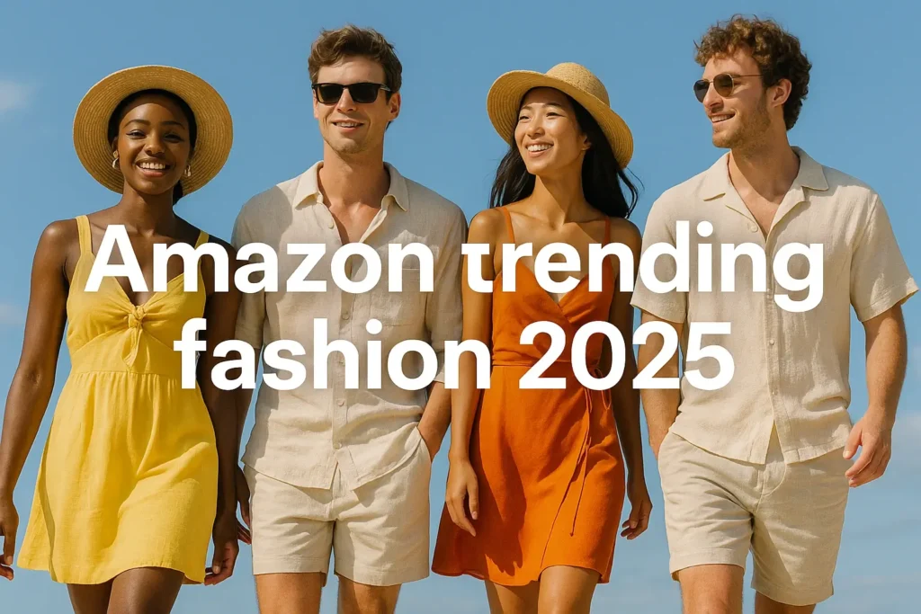 Four diverse models in bright summer outfits—flowy sundresses, linen shirts, tailored shorts and straw hats—walking confidently under a clear blue sky, with bold white overlay text reading “Amazon trending fashion 2025