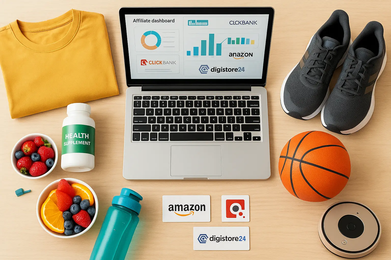 Hero image for Benshi Store About Us showing a laptop with an affiliate dashboard, fashion items, health supplements, fresh foods, sports gear, and logos of Amazon, ClickBank, and Digistore24.