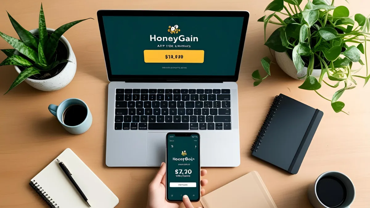 Home workspace setup showing how to earn money with Honeygain app.