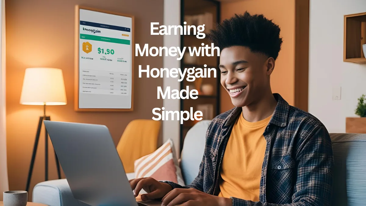 Young adult using a laptop to earn money with Honeygain at home.