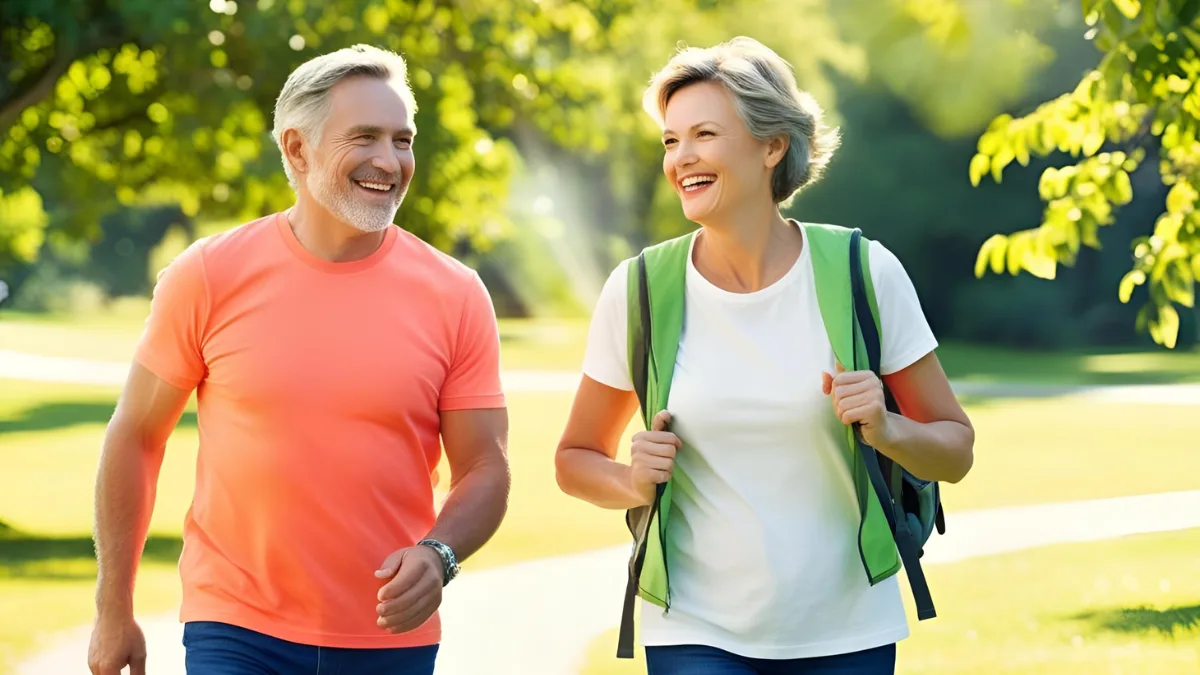 Happy middle-aged couple walking outdoors with high energy after using a tonic - the best blood sugar support supplement