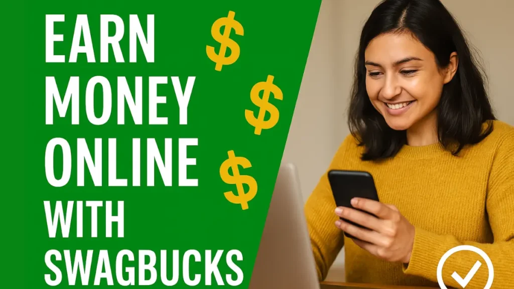 A girl using app to earn money online with Swagbucks in 2025 on smartphone and laptop.