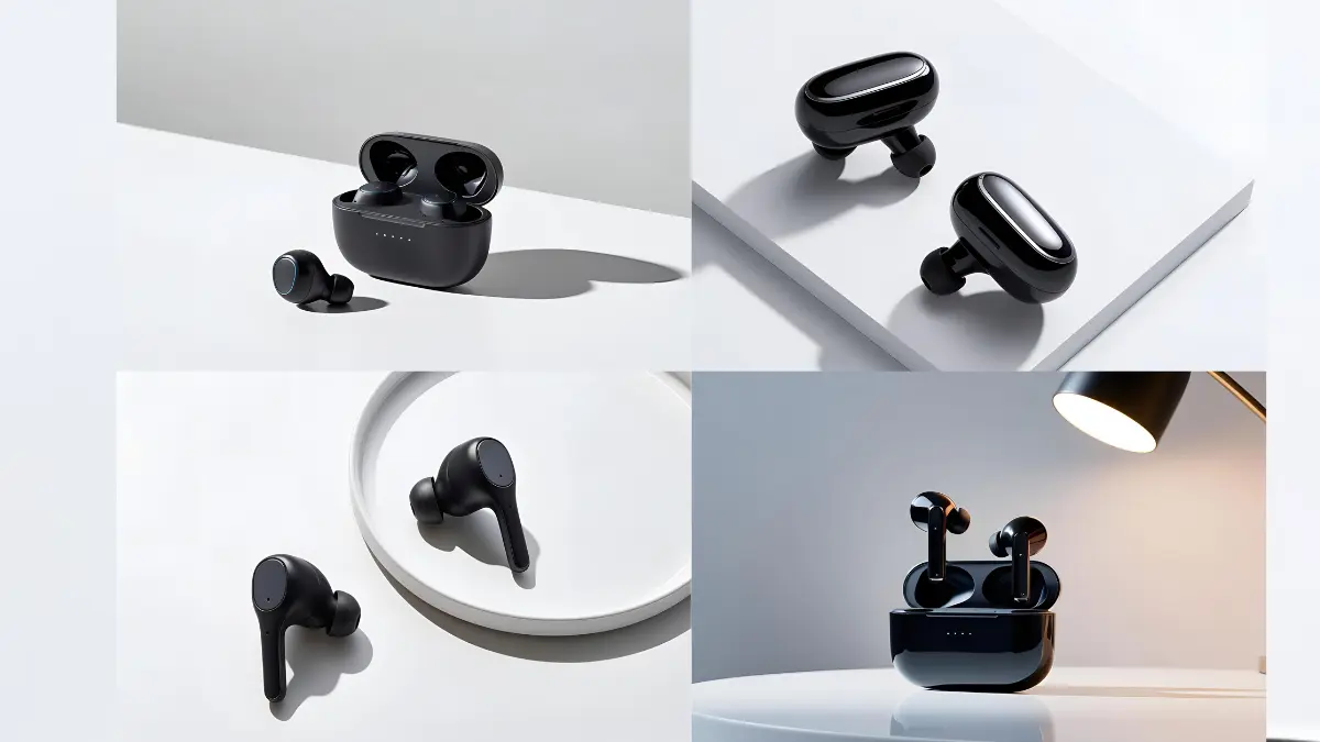 Black wireless earbuds with charging case