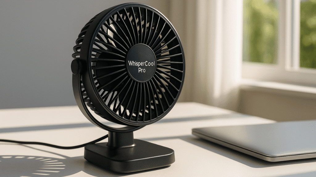 WhisperCool Pro portable USB desk fan on a white office desk