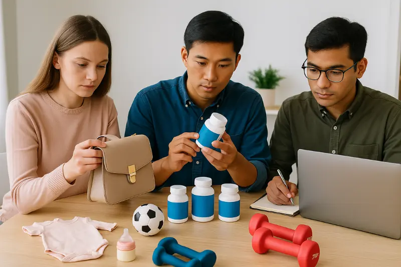 Three experts at a wooden table evaluating fashion, supplements, and sports gear samples