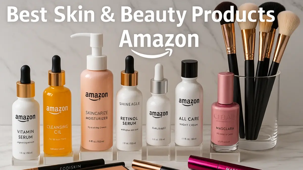 Best Skin & Beauty Products on Amazon displayed on a marble countertop with skincare bottles and makeup essentials