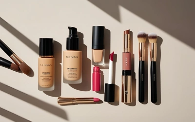 Foundation, lipstick, and makeup brushes for daily beauty routine