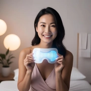 Sarah L smiling while holding an LED light therapy mask in spa-like setting