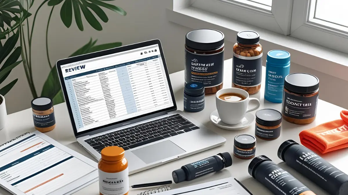Workspace flat lay with laptop, coffee, and sample affiliate products during review
