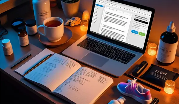 Home workspace at dusk with notebook, laptop showing review draft, tea mug, and sample products symbolizing Benshi Store’s founding story