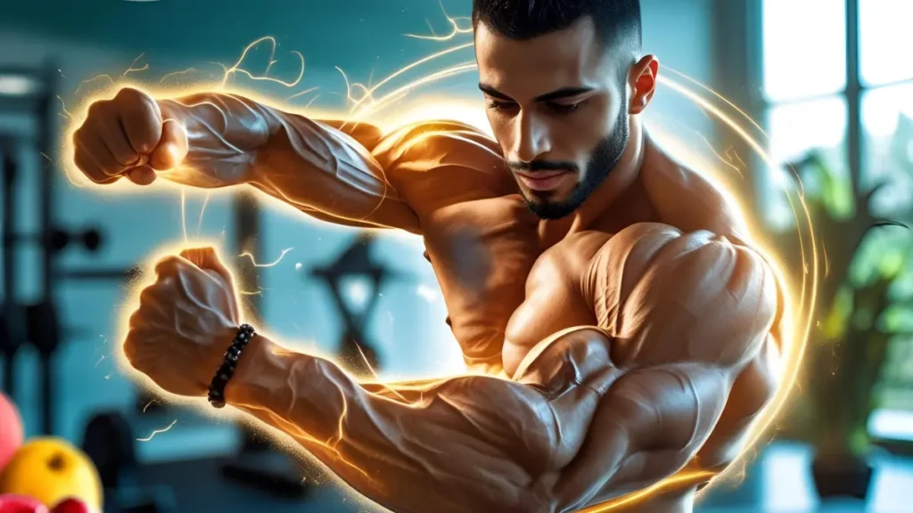 Advanced Amino Formula bottle with energetic athlete, boosting muscle growth and stamina for optimal health.