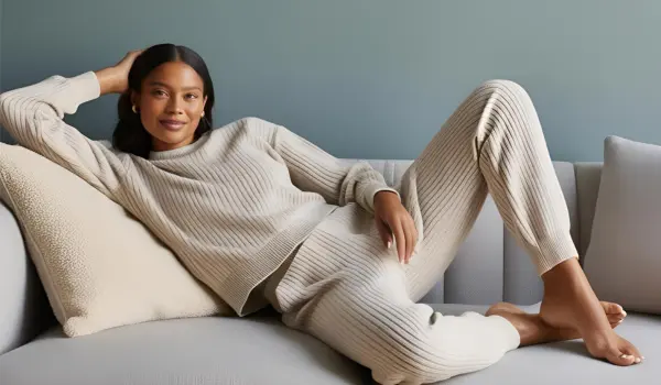 Person in a comfortable and chic knit lounge set, a staple of Amazon Trending Fashion 2025.