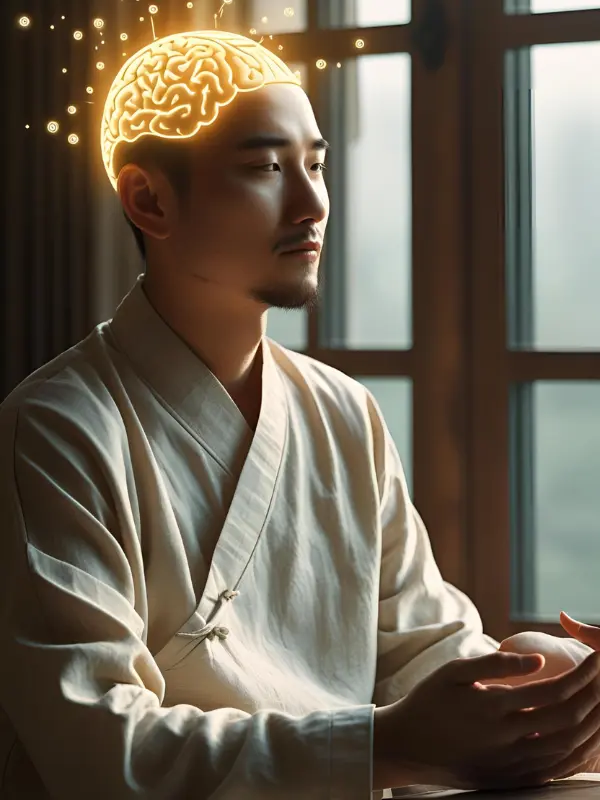 Person with serene expression and subtle glowing brain, symbolizing improved memory and balanced mood with Advanced Amino Formula.
