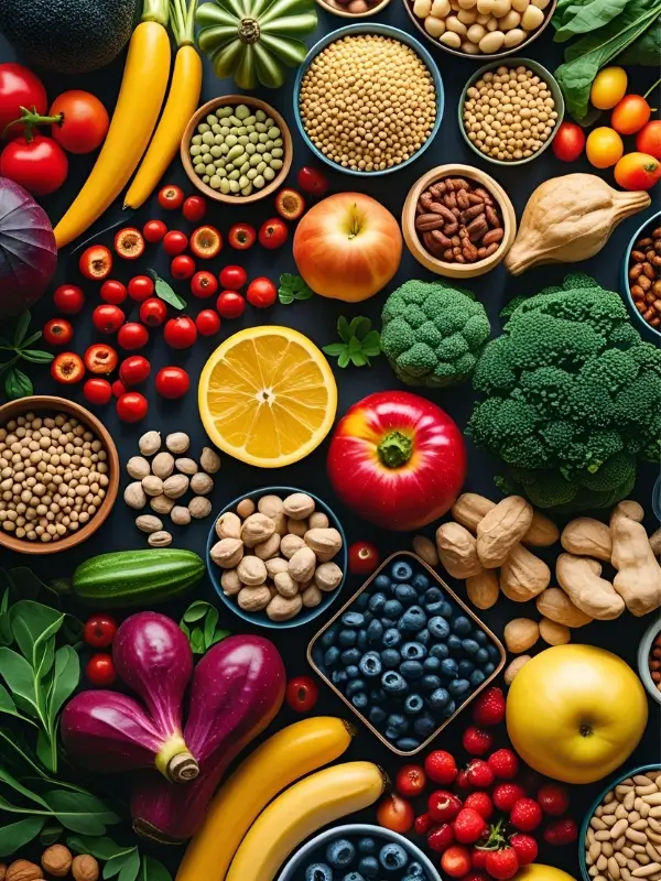 Vibrant array of plant-based foods, highlighting vegan-friendly and complete amino acid support from Advanced Amino Formula.