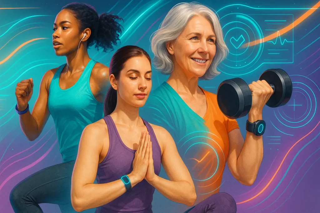 Diverse women empowered by top 2025 fitness gadgets for women, symbolizing progress in health and wellness
