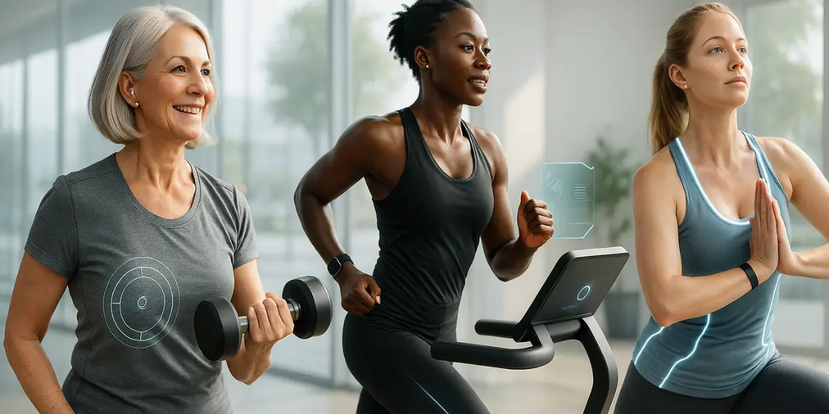 Diverse women using fitness gadgets in 2025 for empowered workouts and holistic wellness